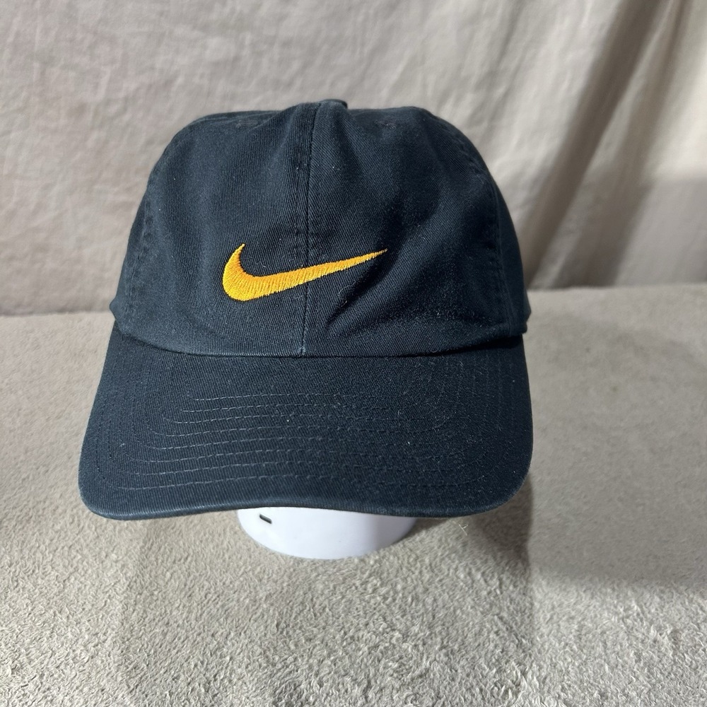Vintage Nike Swoosh Dad Hat Cap Black Yellow Gold Embroidered Strapback 90s